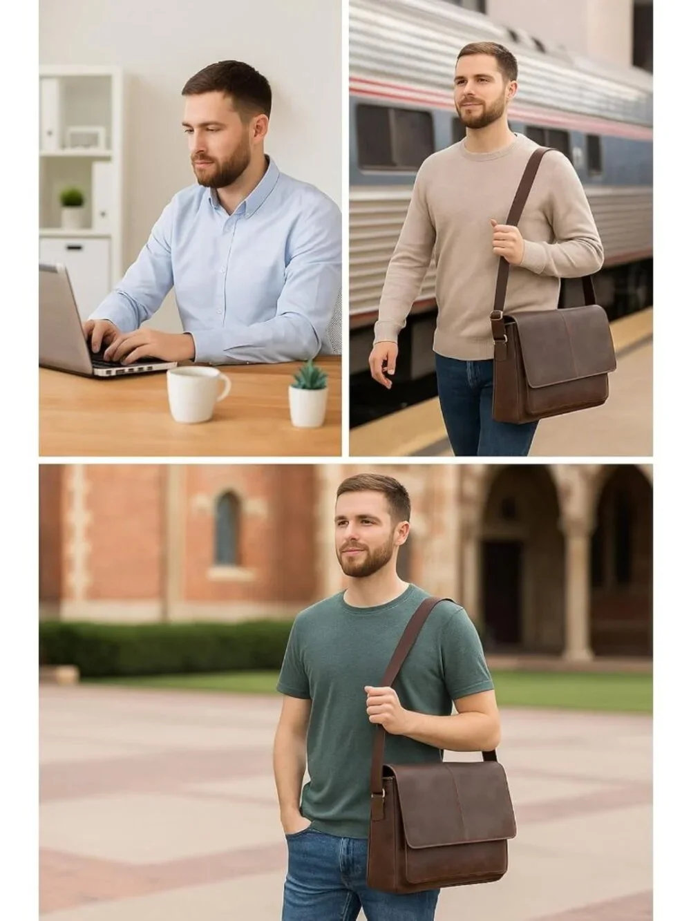 Stylish Leather Laptop Messenger Bag - Unisex Briefcase with Adjustable Strap
